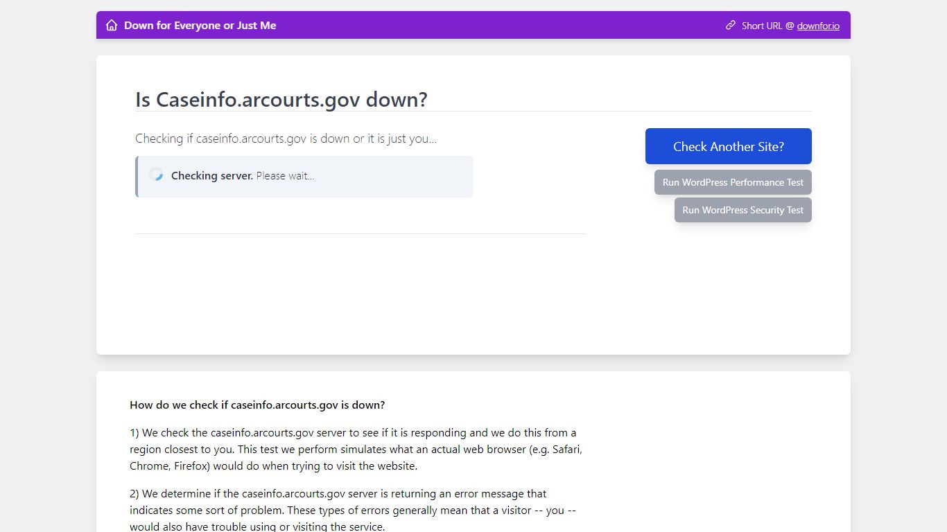 Caseinfo.arcourts.gov down? Current problems and status.